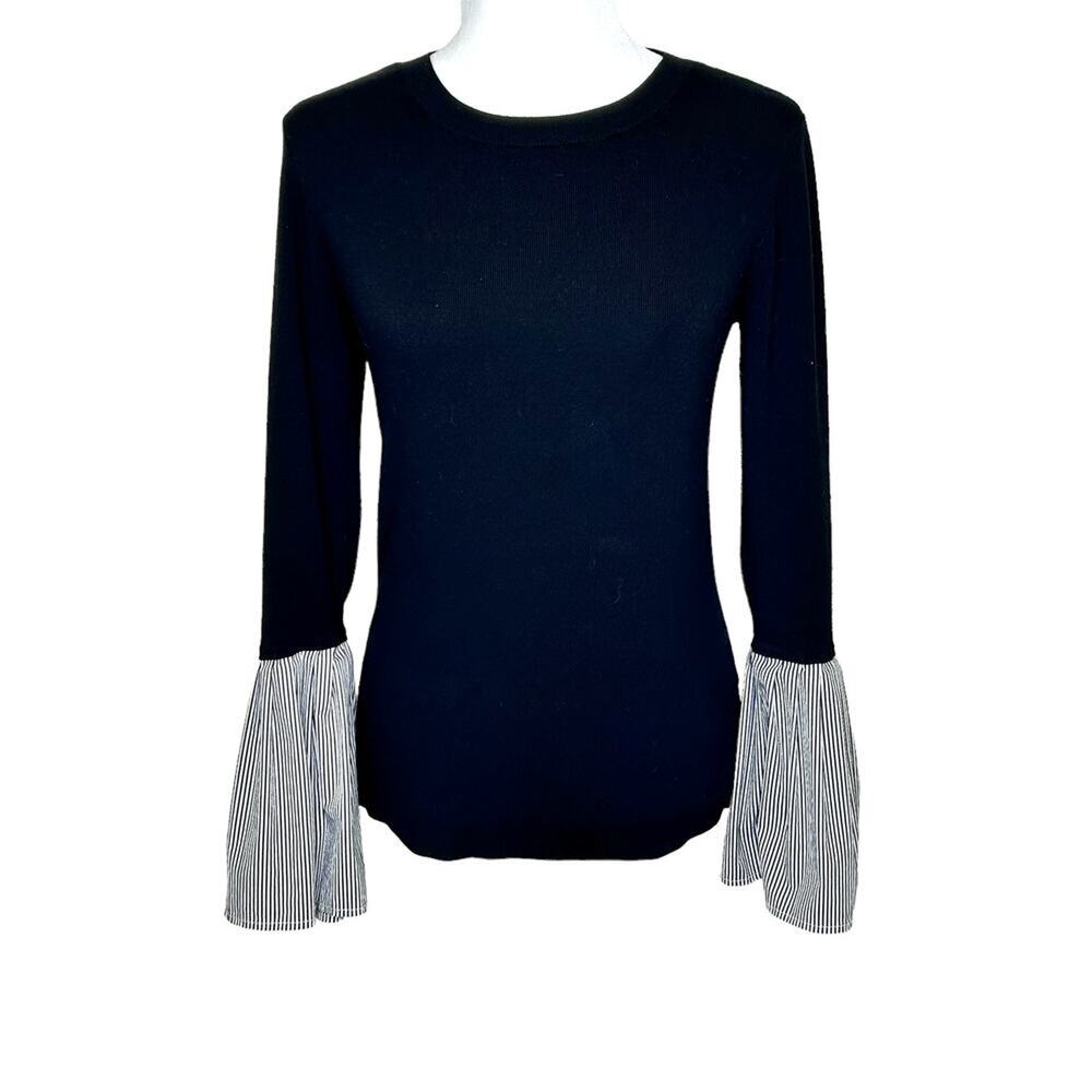 Halogen Black Sweater Decorative Black White Striped Bell Ruffle Cuffs